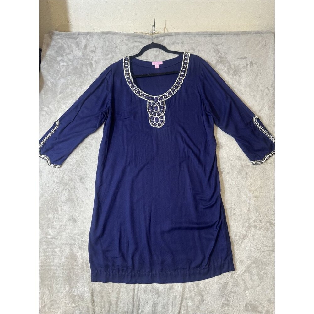 Lilly Pulitzer Tunic Dress Size Large Navy Blue Beaded Neckline 3/4 Sleeve Boho